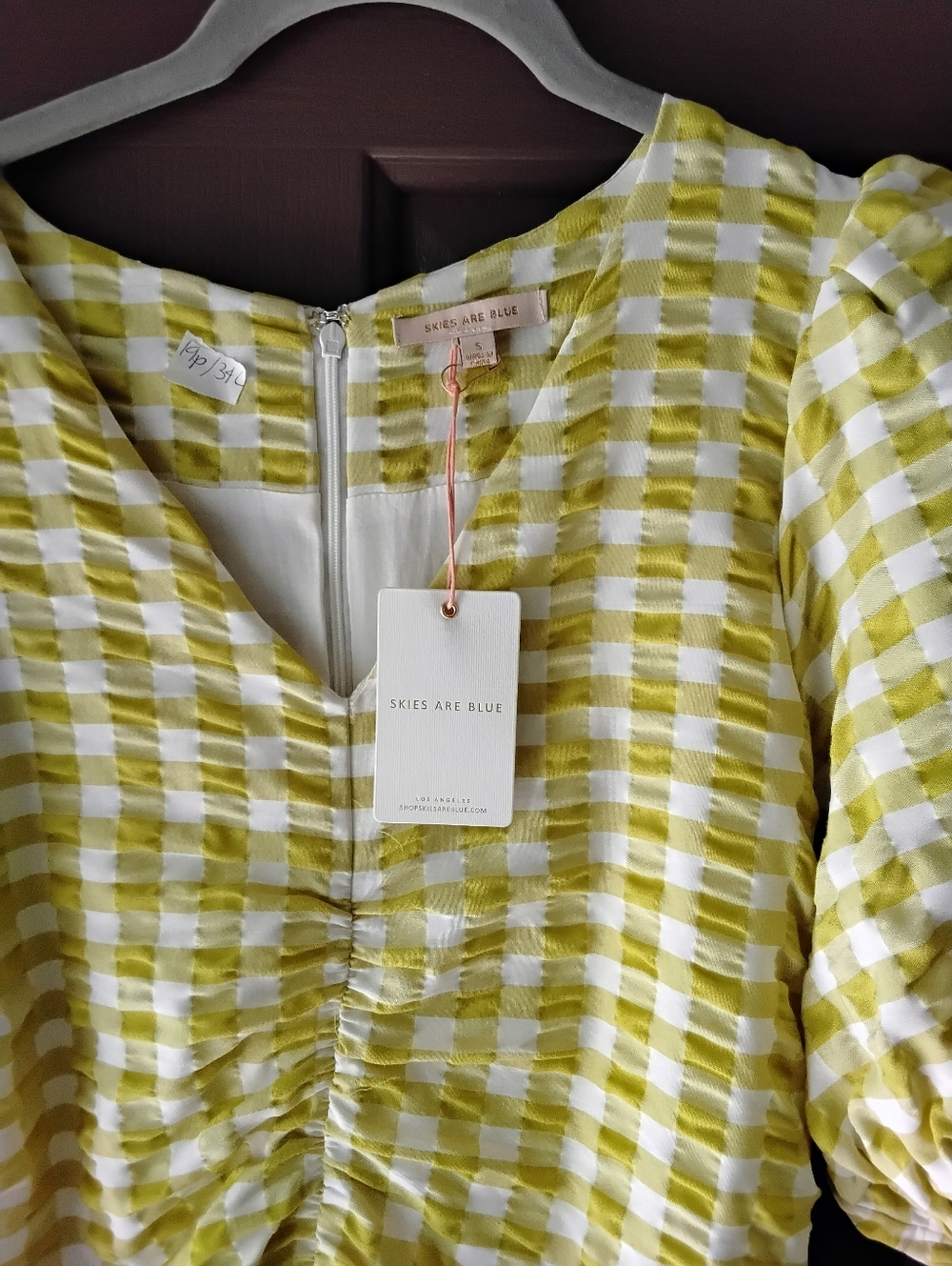 Skies Are Blue Yellow Gingham V-Neck Ruched Mini Dress Small Nwt - Picture 3 of 6